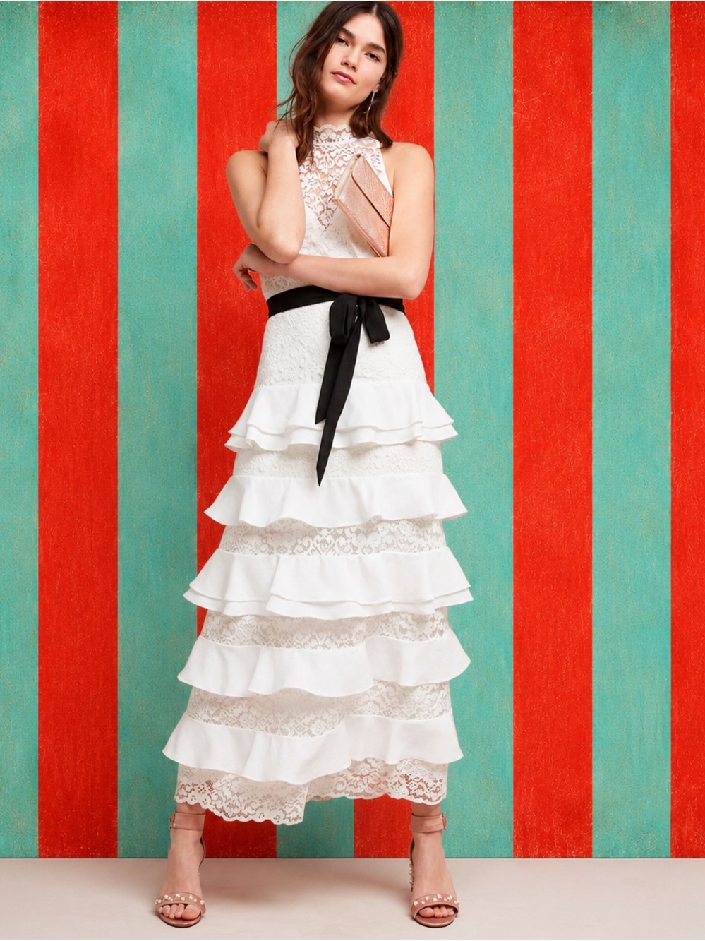 Monique Lhuillier White Lace Tiered Halter Dress with Black Waist Sash